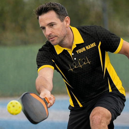 Custom Name Pickleball Polo Shirt Black Yellow Performance Team Jersey
