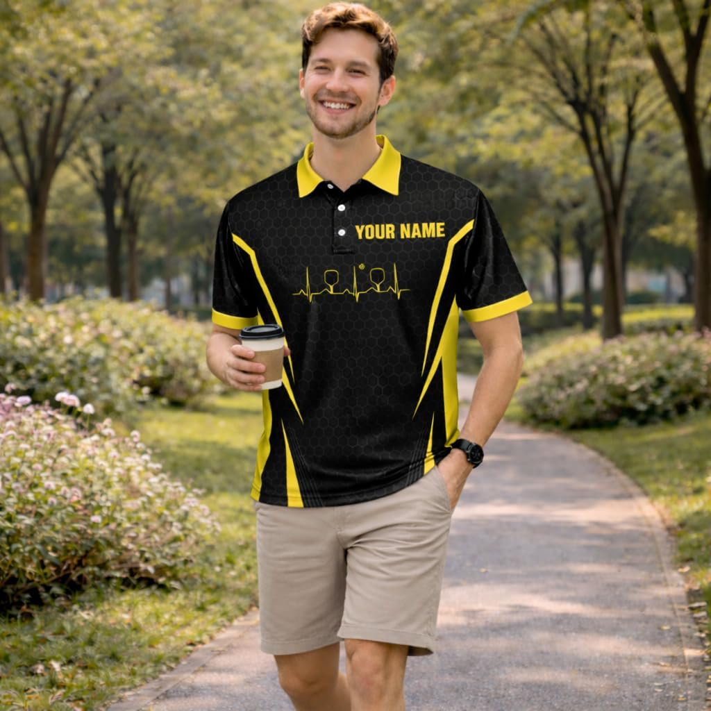 Custom Name Pickleball Polo Shirt Black Yellow Performance Team Jersey
