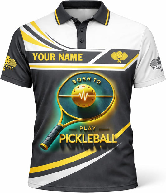 Custom Name Pickleball Polo Shirt Born to Play Pickleball Paddle Performance Shirt Black Gold