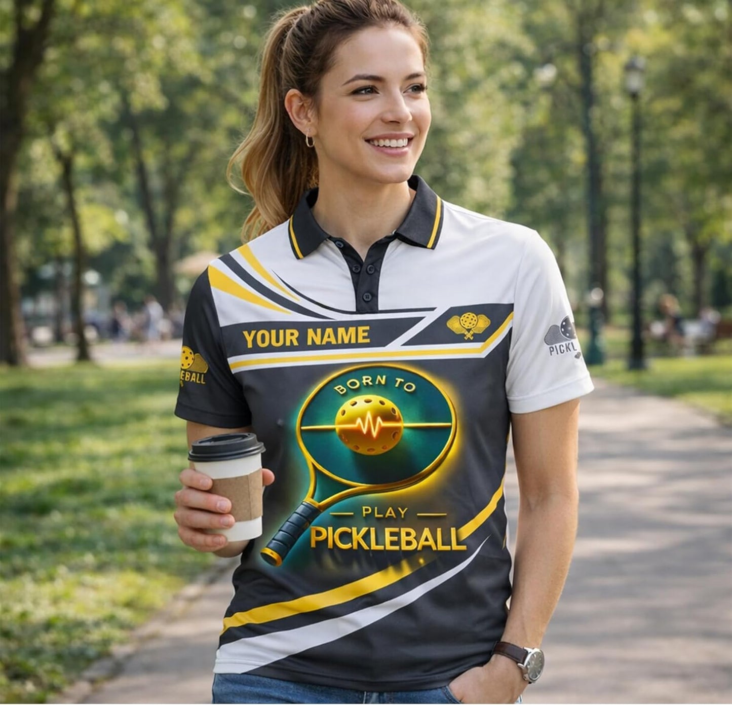 Custom Name Pickleball Polo Shirt Born to Play Pickleball Paddle Performance Shirt Black Gold