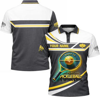 Custom Name Pickleball Polo Shirt Born to Play Pickleball Paddle Performance Shirt Black Gold