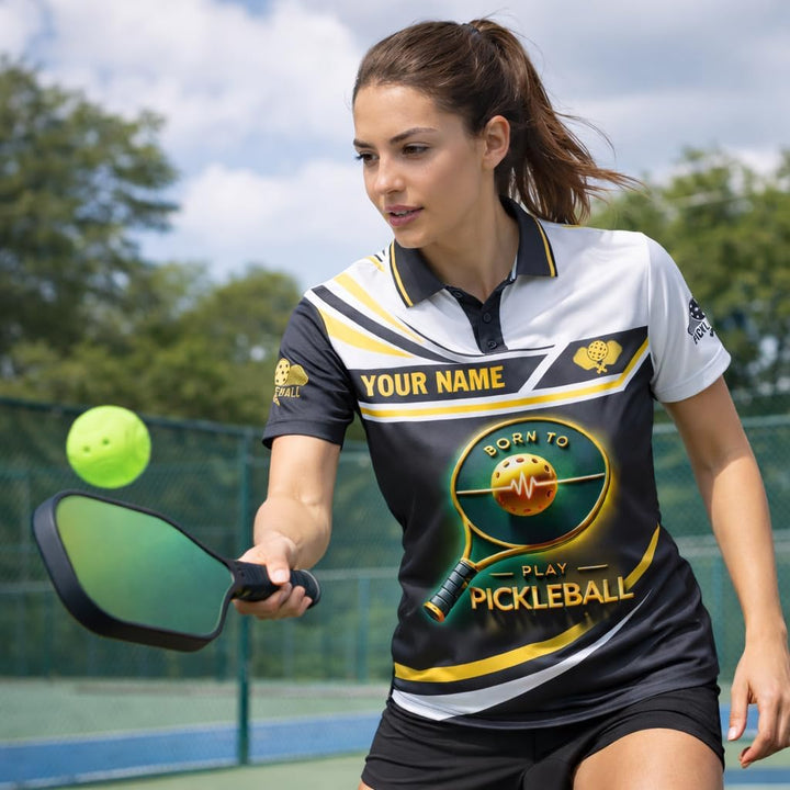 Custom Name Pickleball Polo Shirt Born to Play Pickleball Paddle Performance Shirt Black Gold
