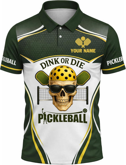 Custom Name Pickleball Polo Shirt Dink or Die Skull Design Breathable Polyester Sport Polo for Men and Women