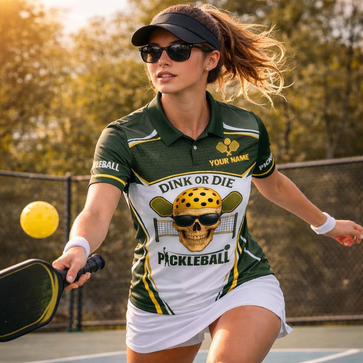 Custom Name Pickleball Polo Shirt Dink or Die Skull Design Breathable Polyester Sport Polo for Men and Women