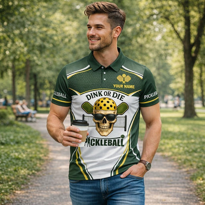 Custom Name Pickleball Polo Shirt Dink or Die Skull Design Breathable Polyester Sport Polo for Men and Women