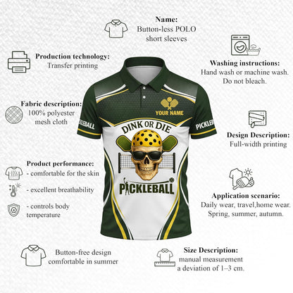 Custom Name Pickleball Polo Shirt Dink or Die Skull Design Breathable Polyester Sport Polo for Men and Women
