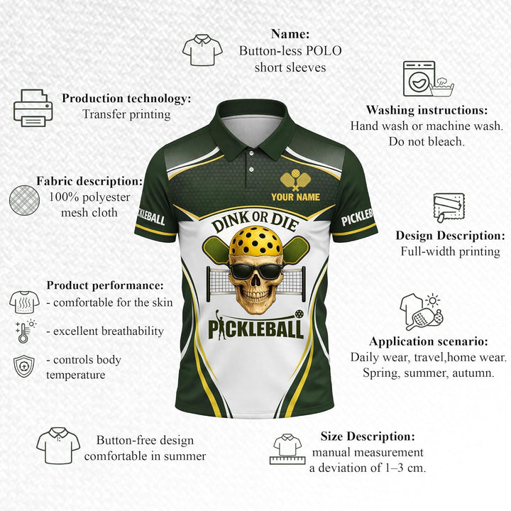 Custom Name Pickleball Polo Shirt Dink or Die Skull Design Breathable Polyester Sport Polo for Men and Women