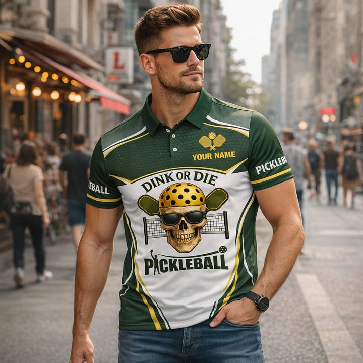 Custom Name Pickleball Polo Shirt Dink or Die Skull Design Breathable Polyester Sport Polo for Men and Women
