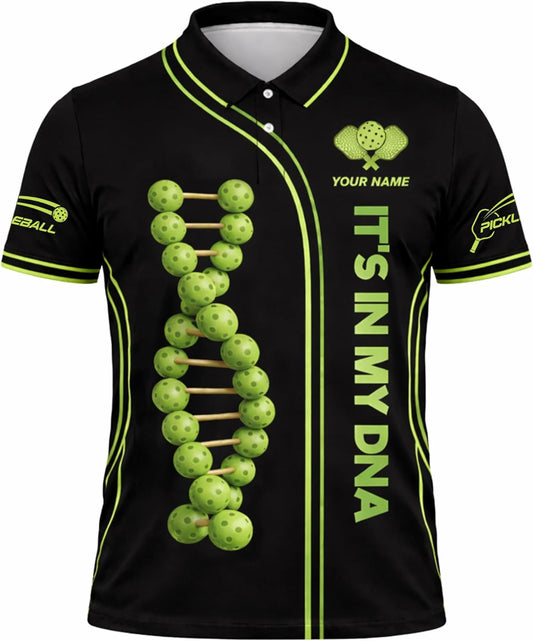 Custom Name Pickleball Polo Shirt It's in My DNA Pickleball DNA Graphic Performance Shirt Black Green