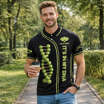 Custom Name Pickleball Polo Shirt It's in My DNA Pickleball DNA Graphic Performance Shirt Black Green