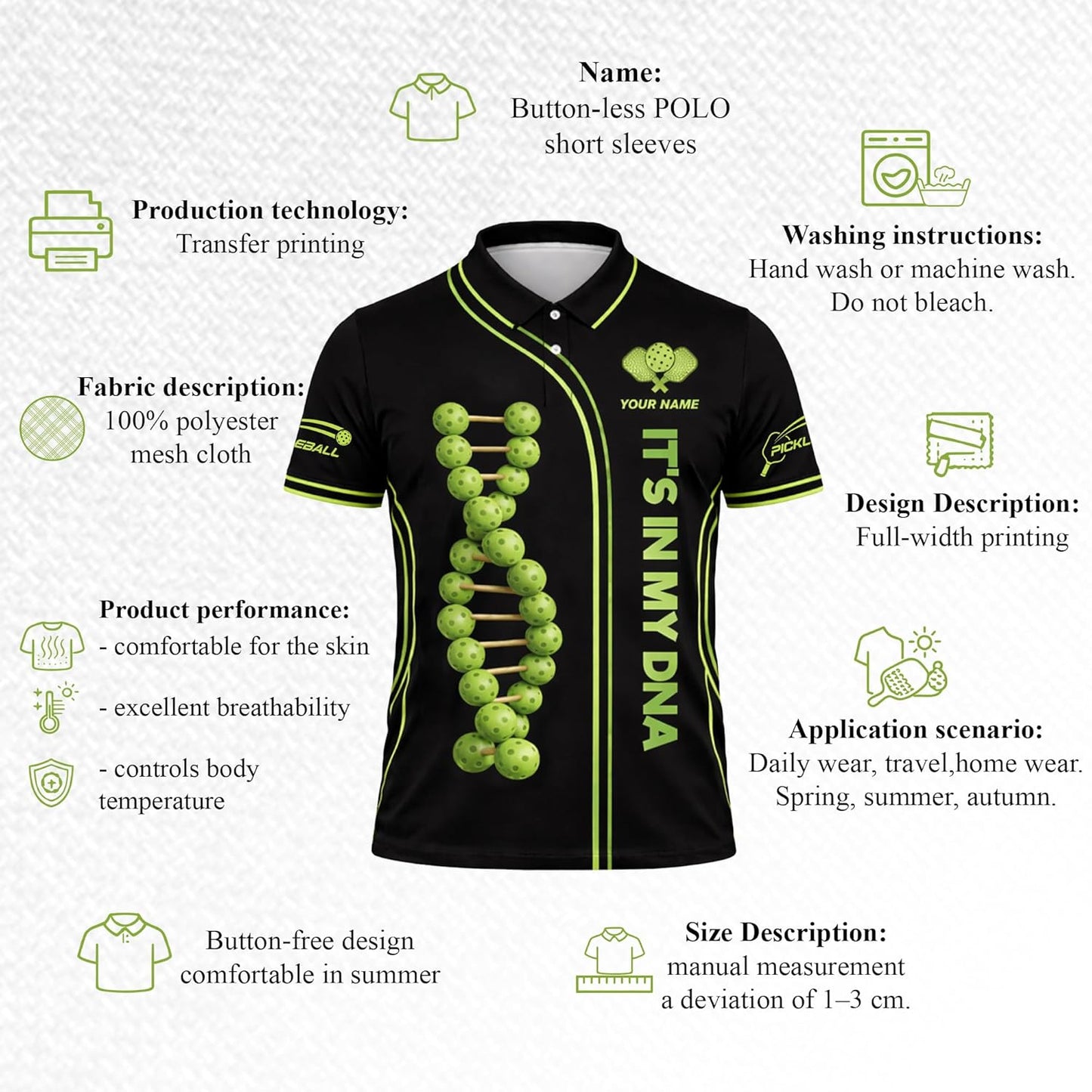 Custom Name Pickleball Polo Shirt It's in My DNA Pickleball DNA Graphic Performance Shirt Black Green