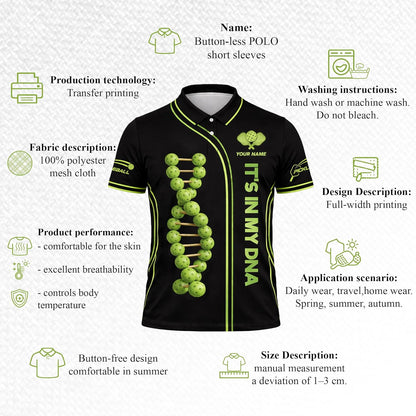 Custom Name Pickleball Polo Shirt It's in My DNA Pickleball DNA Graphic Performance Shirt Black Green