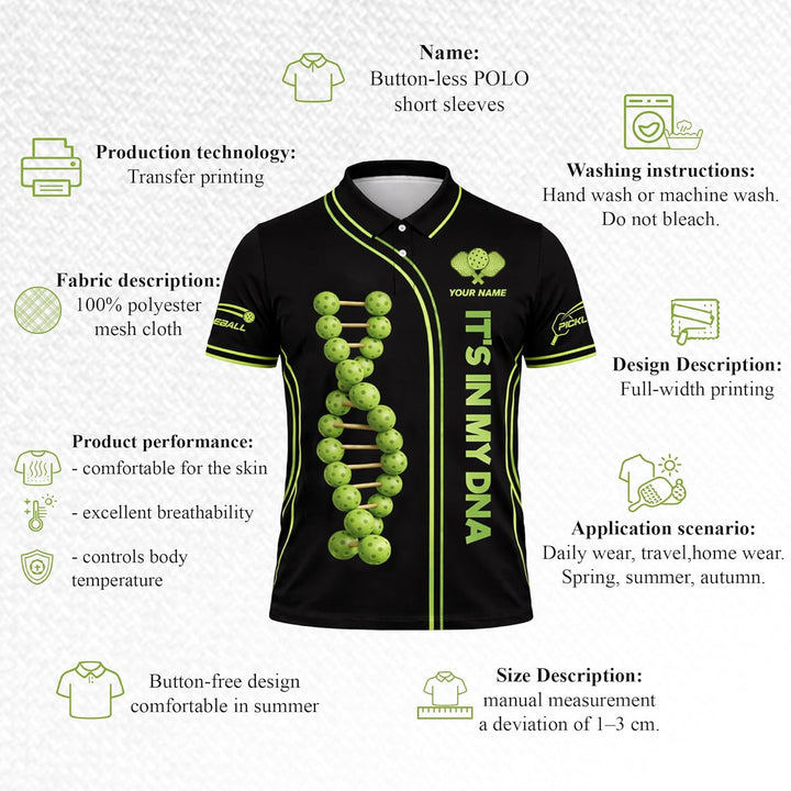 Custom Name Pickleball Polo Shirt It's in My DNA Pickleball DNA Graphic Performance Shirt Black Green