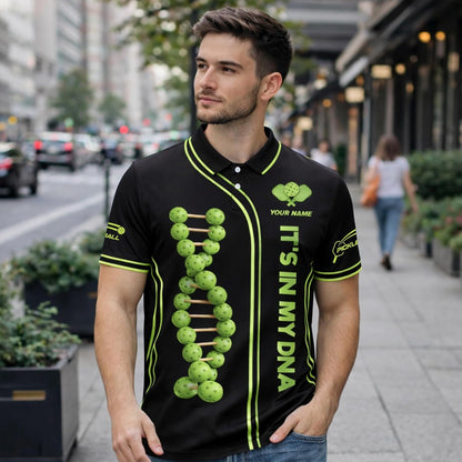 Custom Name Pickleball Polo Shirt It's in My DNA Pickleball DNA Graphic Performance Shirt Black Green