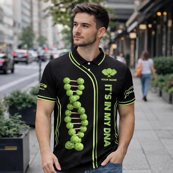 Custom Name Pickleball Polo Shirt It's in My DNA Pickleball DNA Graphic Performance Shirt Black Green