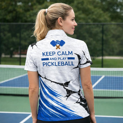 Custom Name Pickleball Polo Shirt Keep Calm and Play Pickleball Women Performance Polo White Blue