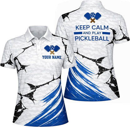 Custom Name Pickleball Polo Shirt Keep Calm and Play Pickleball Women Performance Polo White Blue