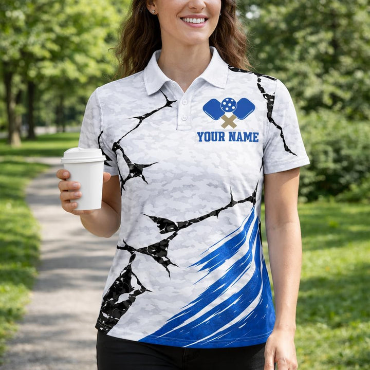 Custom Name Pickleball Polo Shirt Keep Calm and Play Pickleball Women Performance Polo White Blue