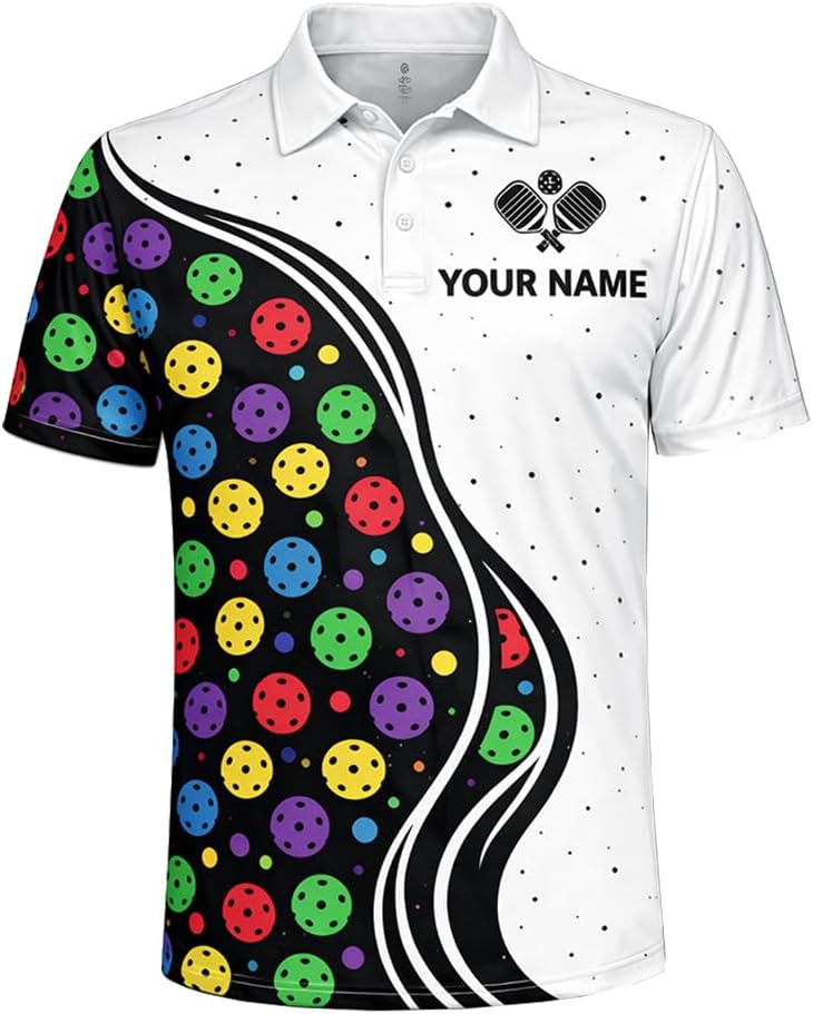 Custom Name Pickleball Polo Shirt White Multicolor Ball Pattern Team Jersey Unisex Performance Shirt