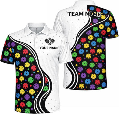 Custom Name Pickleball Polo Shirt White Multicolor Ball Pattern Team Jersey Unisex Performance Shirt