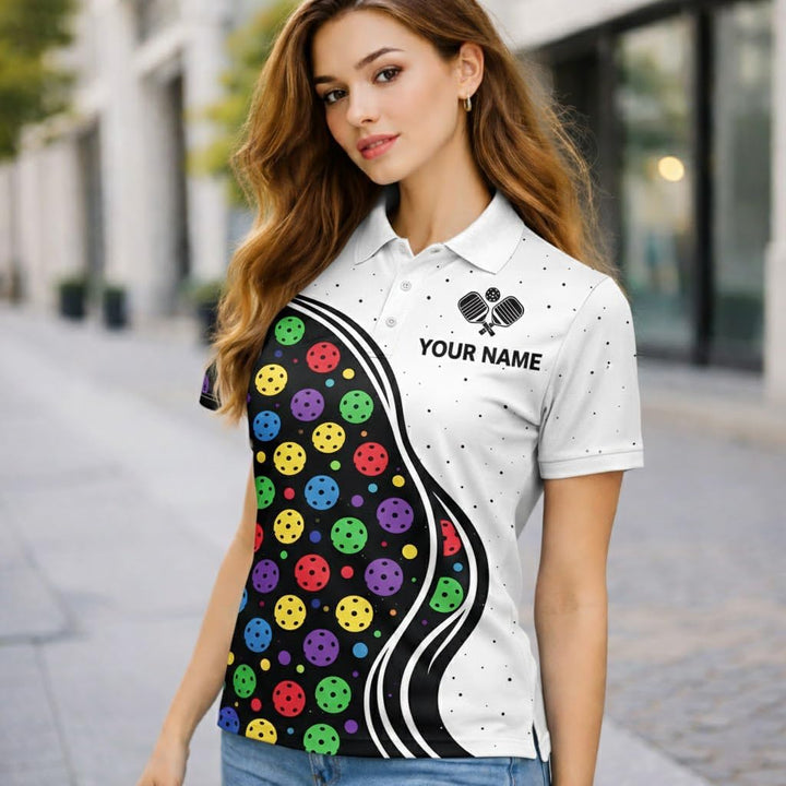 Custom Name Pickleball Polo Shirt White Multicolor Ball Pattern Team Jersey Unisex Performance Shirt