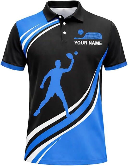 Custom Name Pickleball Team Polo Shirt Black Blue Performance Short Sleeve Athletic Jersey