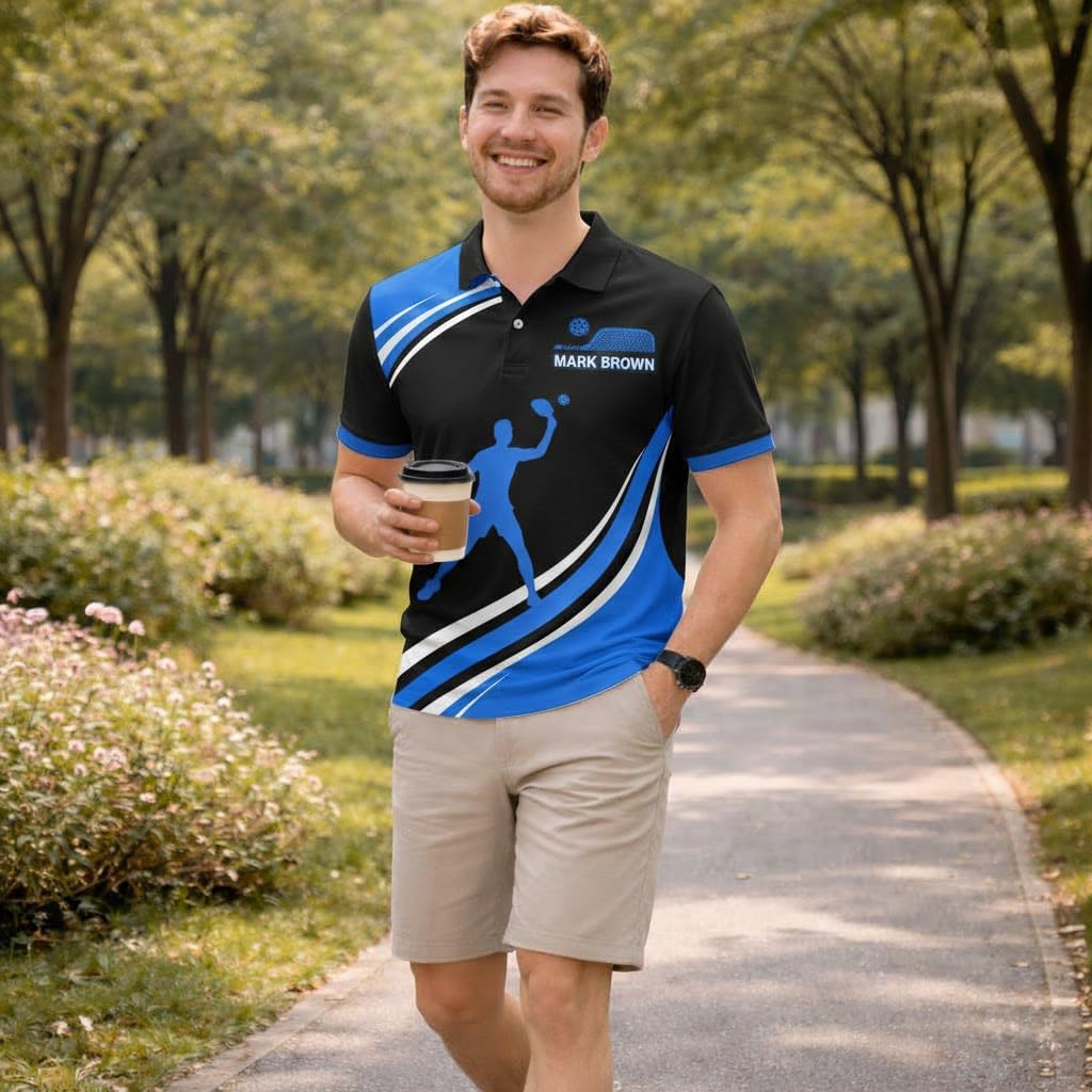 Custom Name Pickleball Team Polo Shirt Black Blue Performance Short Sleeve Athletic Jersey