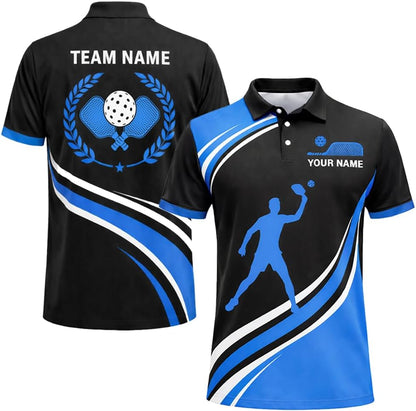 Custom Name Pickleball Team Polo Shirt Black Blue Performance Short Sleeve Athletic Jersey