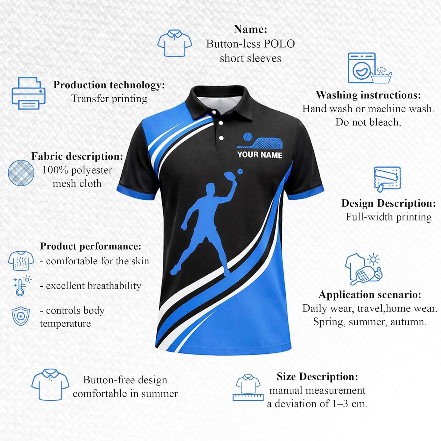 Custom Name Pickleball Team Polo Shirt Black Blue Performance Short Sleeve Athletic Jersey