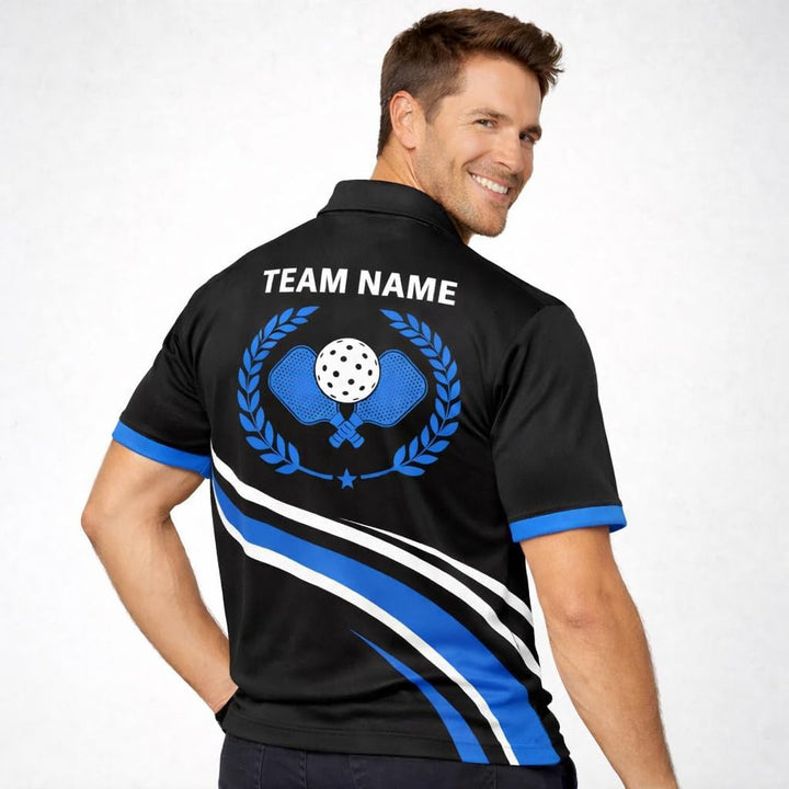 Custom Name Pickleball Team Polo Shirt Black Blue Performance Short Sleeve Athletic Jersey