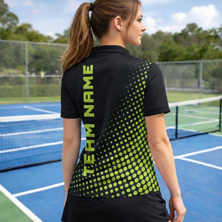 Custom Name Pickleball Team Polo Shirt Black Green Performance Short Sleeve Athletic Golf Style