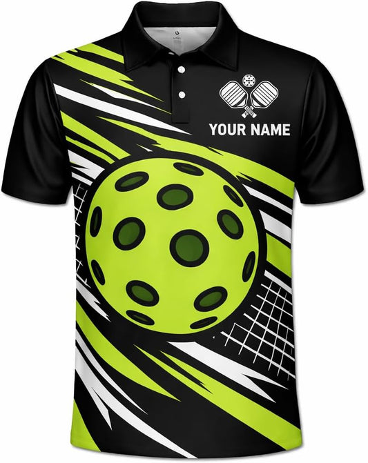 Custom Name Pickleball Team Polo Shirt Black Neon Green Performance Short Sleeve Athletic Jersey