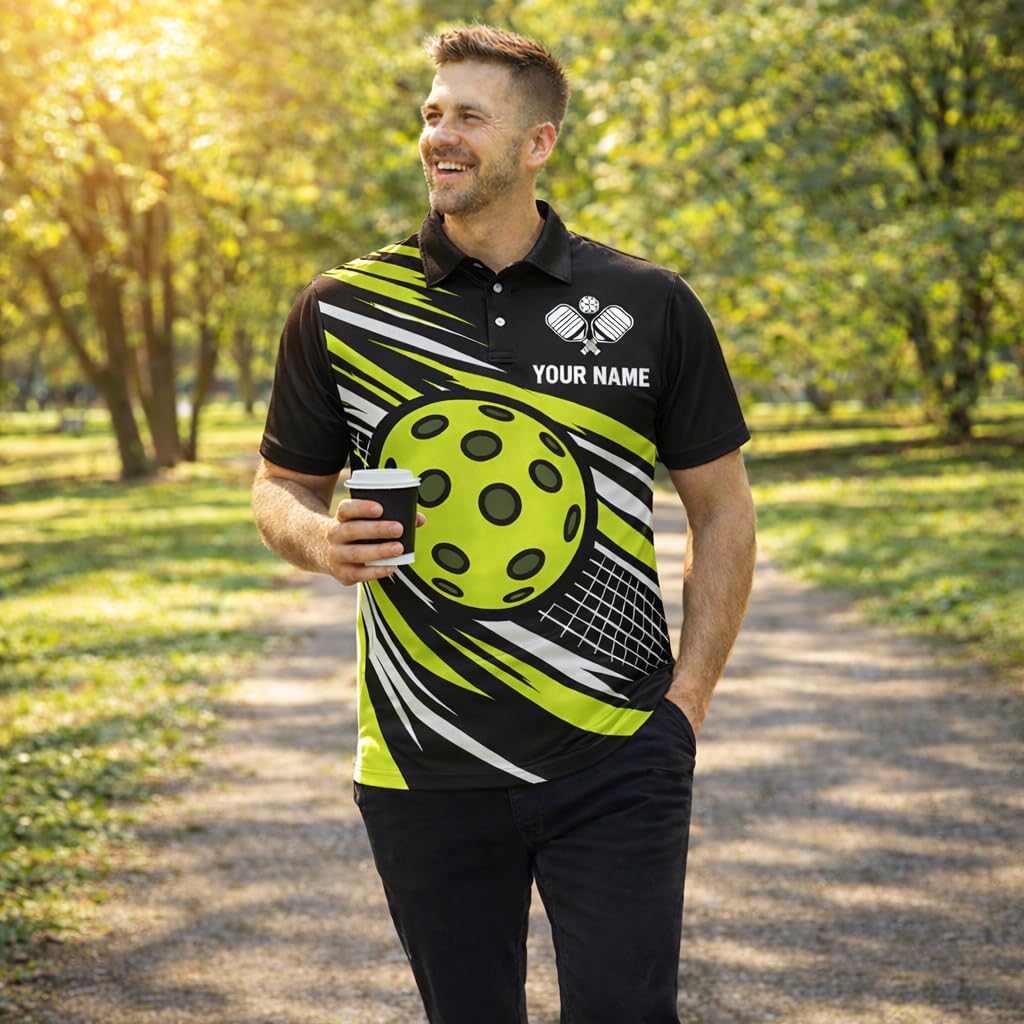Custom Name Pickleball Team Polo Shirt Black Neon Green Performance Short Sleeve Athletic Jersey