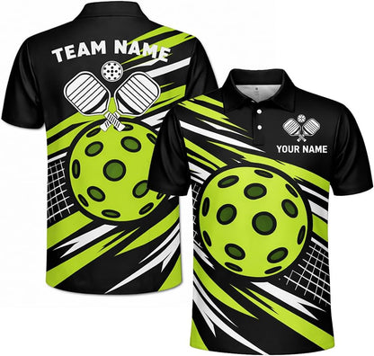 Custom Name Pickleball Team Polo Shirt Black Neon Green Performance Short Sleeve Athletic Jersey