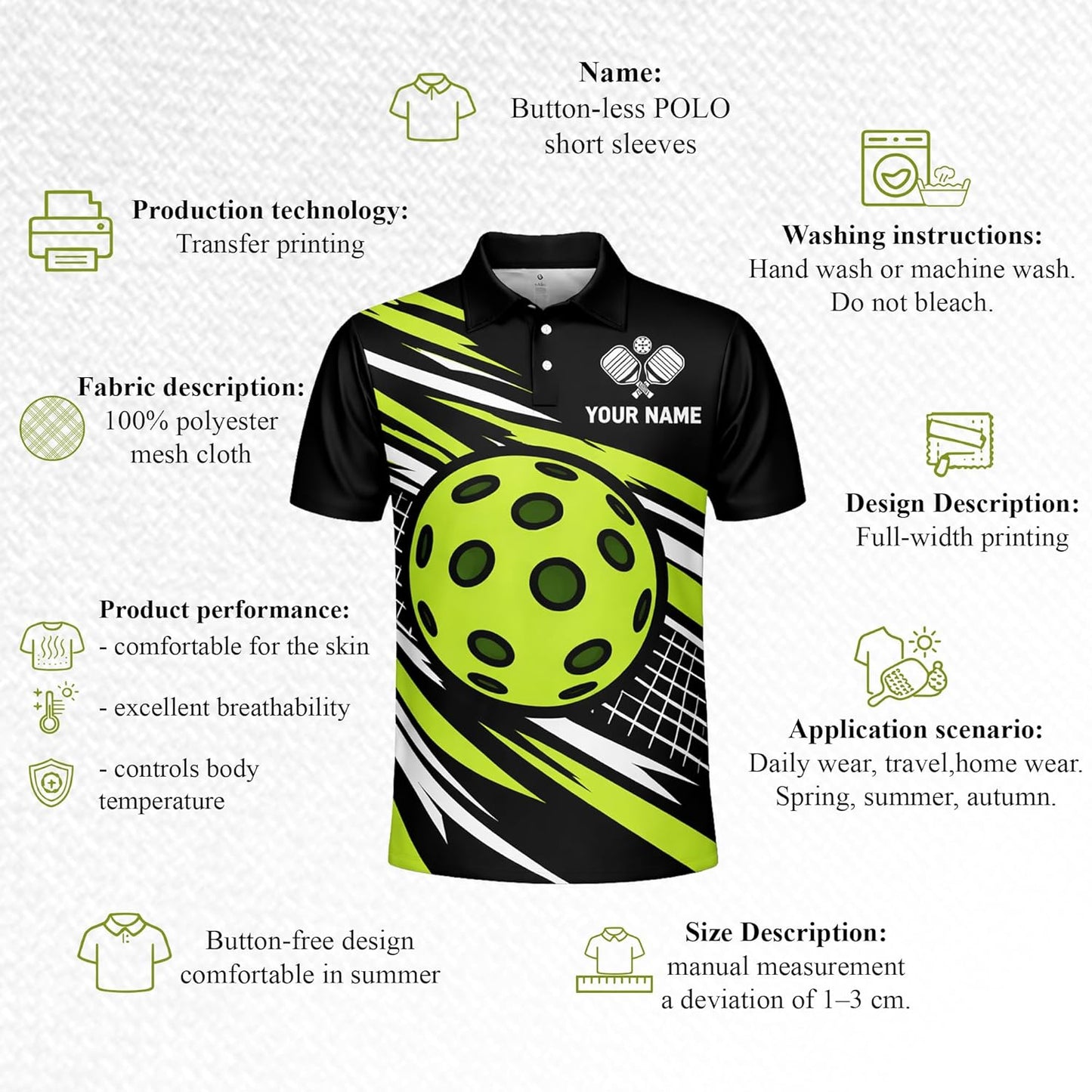 Custom Name Pickleball Team Polo Shirt Black Neon Green Performance Short Sleeve Athletic Jersey