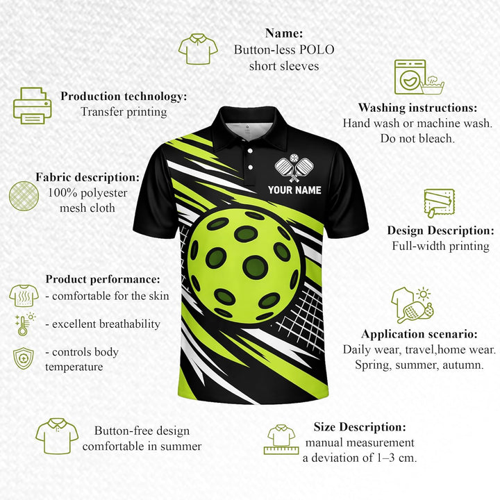 Custom Name Pickleball Team Polo Shirt Black Neon Green Performance Short Sleeve Athletic Jersey