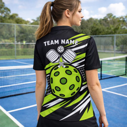 Custom Name Pickleball Team Polo Shirt Black Neon Green Performance Short Sleeve Athletic Jersey