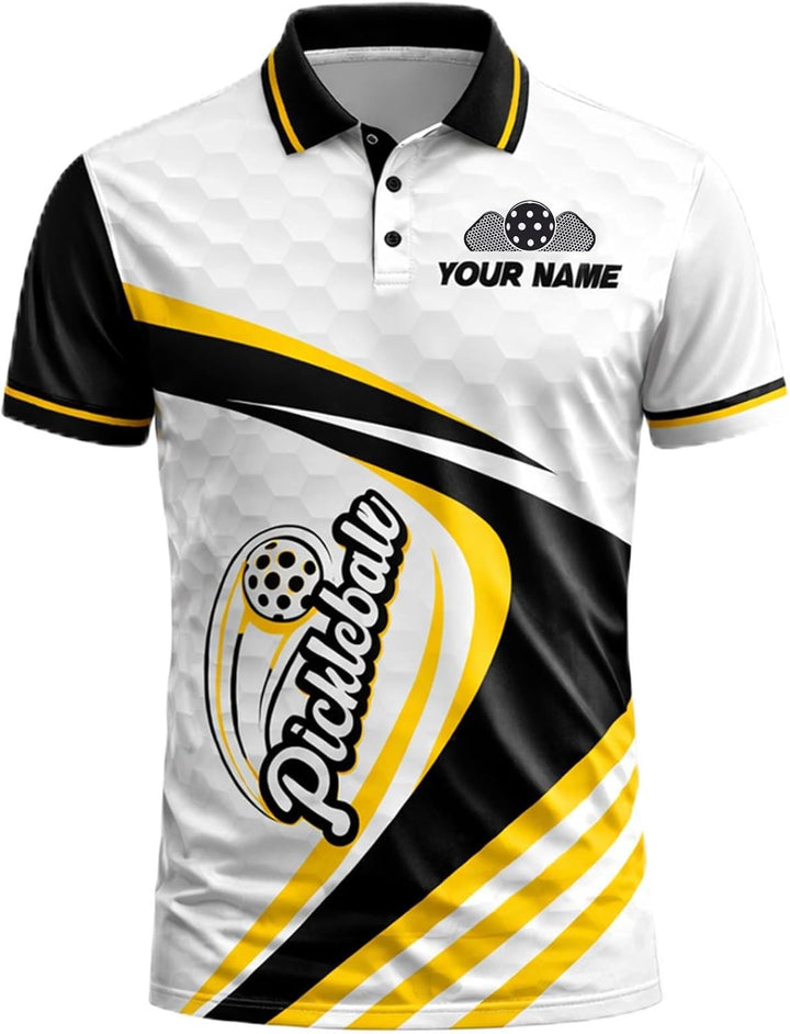 Custom Name Pickleball Team Polo Shirt Black Yellow White Performance Short Sleeve
