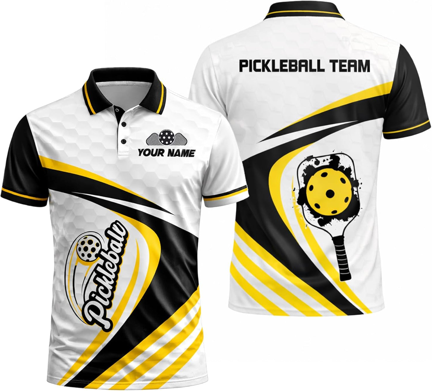 Custom Name Pickleball Team Polo Shirt Black Yellow White Performance Short Sleeve