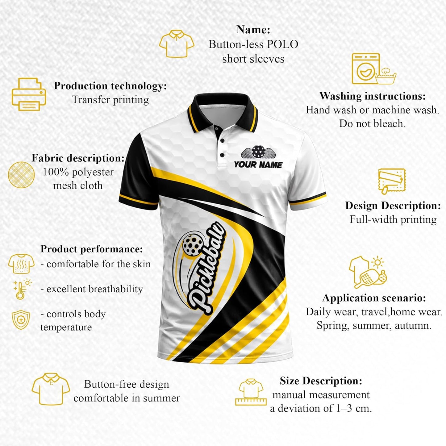 Custom Name Pickleball Team Polo Shirt Black Yellow White Performance Short Sleeve