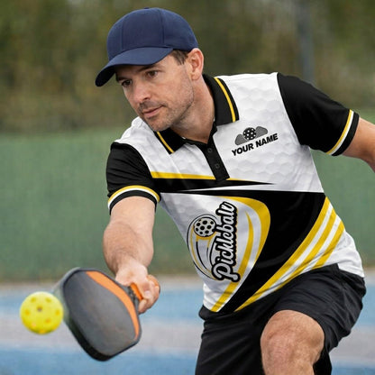 Custom Name Pickleball Team Polo Shirt Black Yellow White Performance Short Sleeve