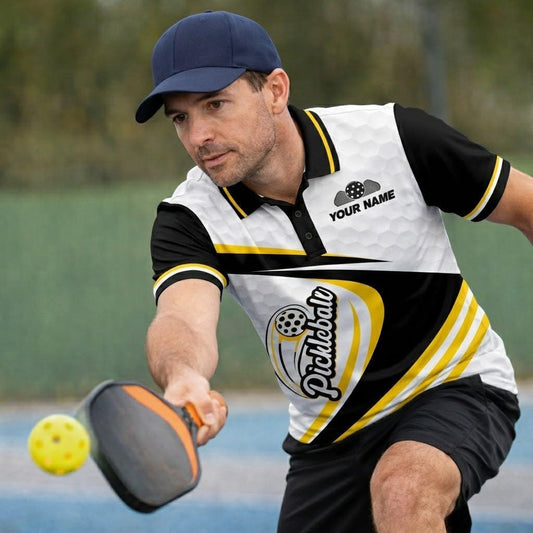 Custom Name Pickleball Team Polo Shirt Black Yellow White Performance Short Sleeve