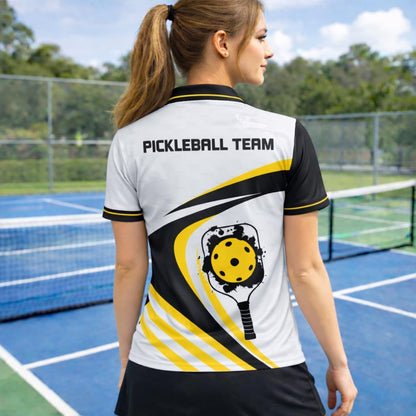 Custom Name Pickleball Team Polo Shirt Black Yellow White Performance Short Sleeve