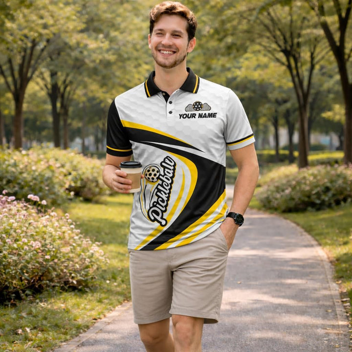 Custom Name Pickleball Team Polo Shirt Black Yellow White Performance Short Sleeve