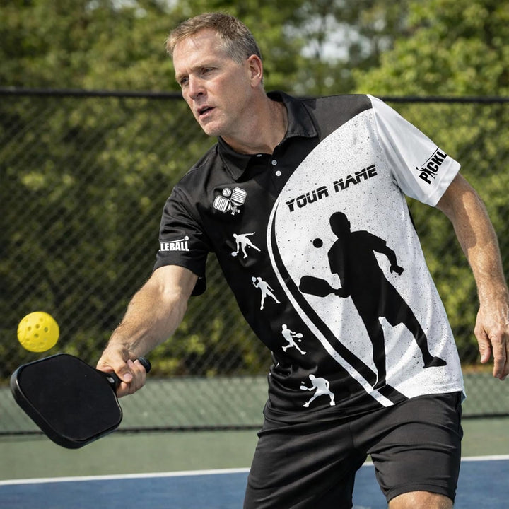 Custom Pickleball Player Polo Shirt Personalized Team Pickleball Shirt Black White Sports Polo