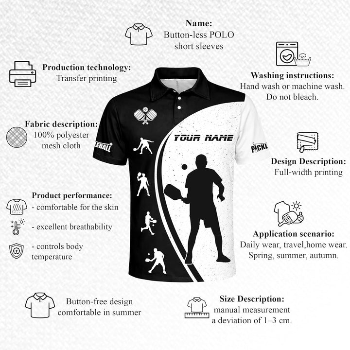 Custom Pickleball Player Polo Shirt Personalized Team Pickleball Shirt Black White Sports Polo