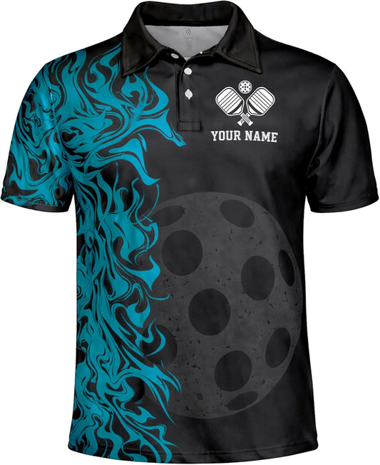 Custom Pickleball Polo Shirt Black Blue Flame Performance Pickleball Team Polo Personalized Sports Shirt