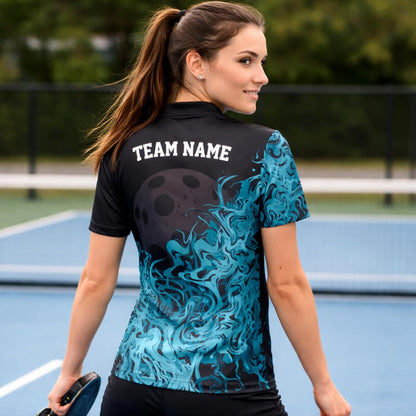 Custom Pickleball Polo Shirt Black Blue Flame Performance Pickleball Team Polo Personalized Sports Shirt