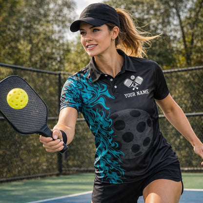 Custom Pickleball Polo Shirt Black Blue Flame Performance Pickleball Team Polo Personalized Sports Shirt
