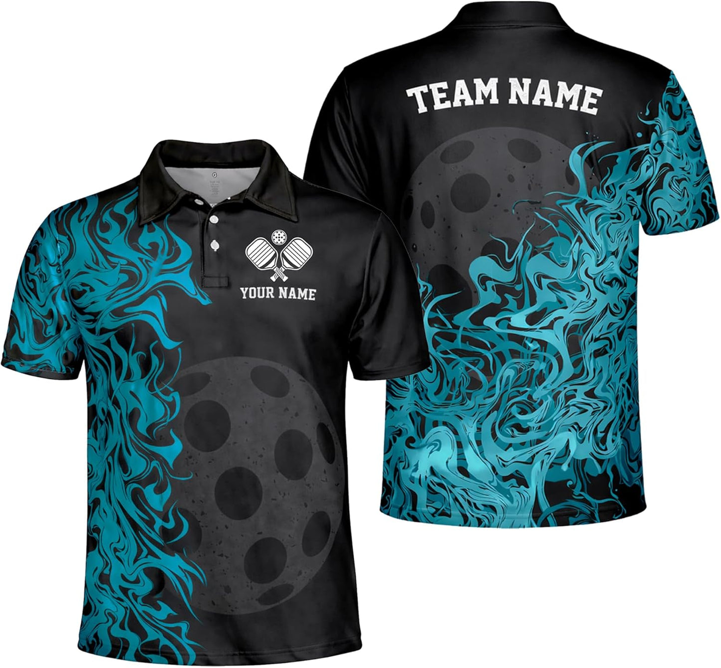 Custom Pickleball Polo Shirt Black Blue Flame Performance Pickleball Team Polo Personalized Sports Shirt